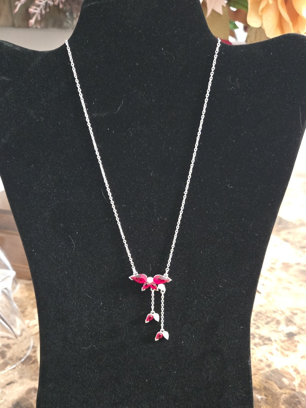 Swarovski Silver Necklace with Red Flower Drop Pendant